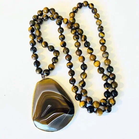 Vintage Brown Agate & Tiger's Eye Beaded Long Pendant Necklace 34" - Picture 4 of 5